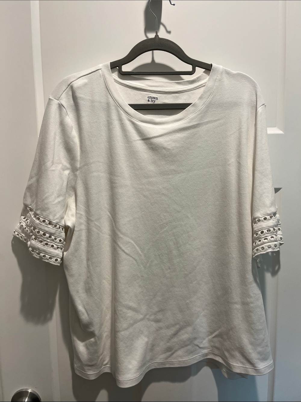 crown & ivy White Short Sleeve Tee with Eyelet Trim